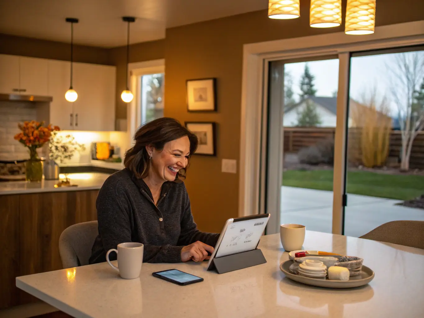 A homeowner smiling while setting up their charging space listing on the Charge4Me platform using a tablet, showcasing the ease of use and potential for income generation.