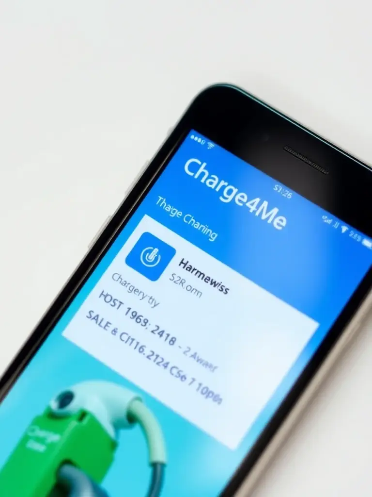 A close-up of the Charge4Me app showing the details of a specific charging location, including address, charger type, and host information.
