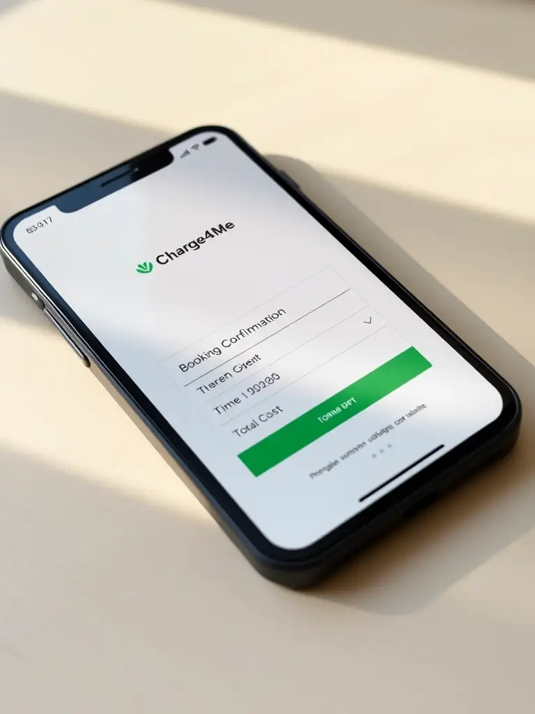 A screenshot of the Charge4Me app's booking confirmation screen, showing the date, time, location, and total cost of the charging session.