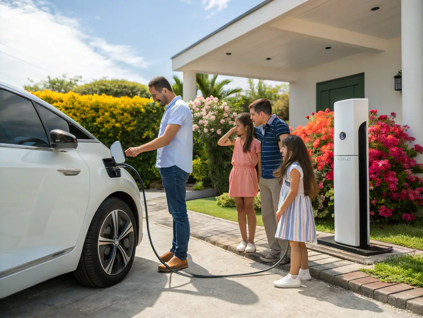 An image of an electric vehicle charging in a residential driveway, emphasizing the convenience and accessibility provided by Charge4Me.