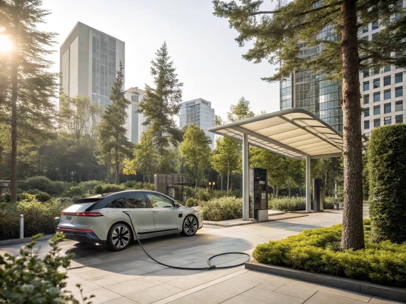 A happy EV driver is plugging their car into a charging station at a private residence, showcasing the convenience of Charge4Me.
