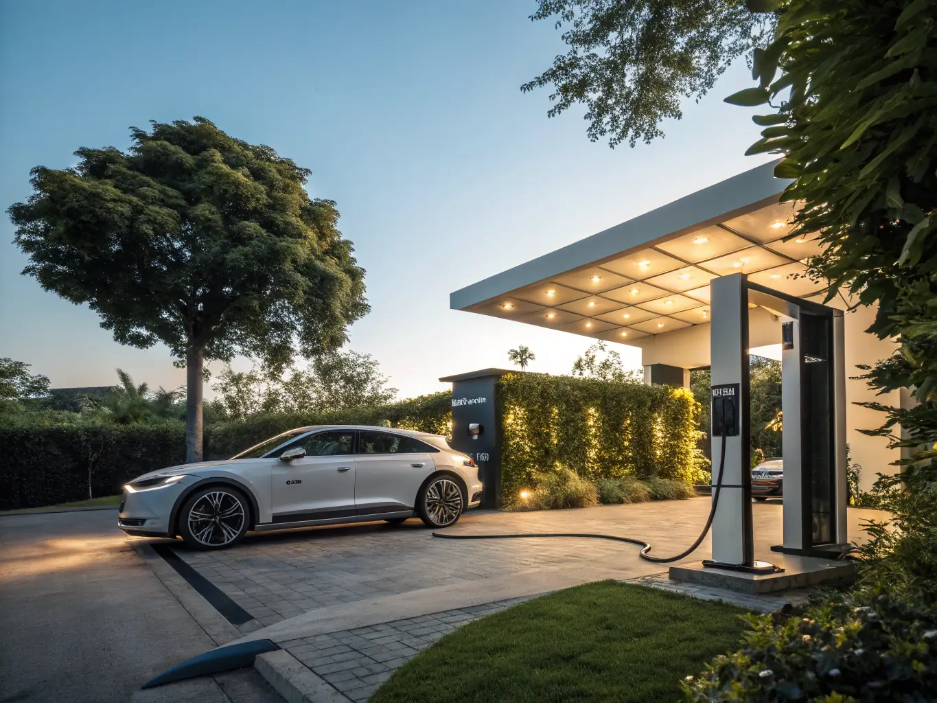 An electric car is charging with a green energy symbol displayed, highlighting the sustainability aspect of using Charge4Me.