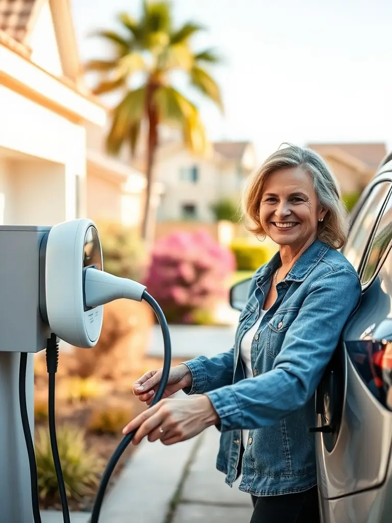 An EV charging at a Charge4Me location, with the homeowner smiling and waving in the background, illustrating a friendly and seamless charging experience.